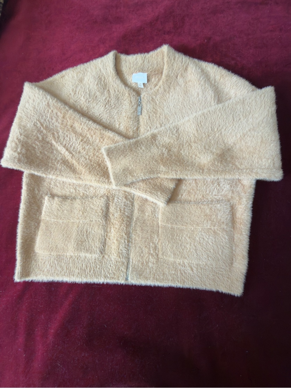 Cyrus Cream Zip-Up Fuzzy Pocket Cardigan Sz M